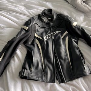 Alpinestars small, leather, armor, women’s motorcycle riding jacket.